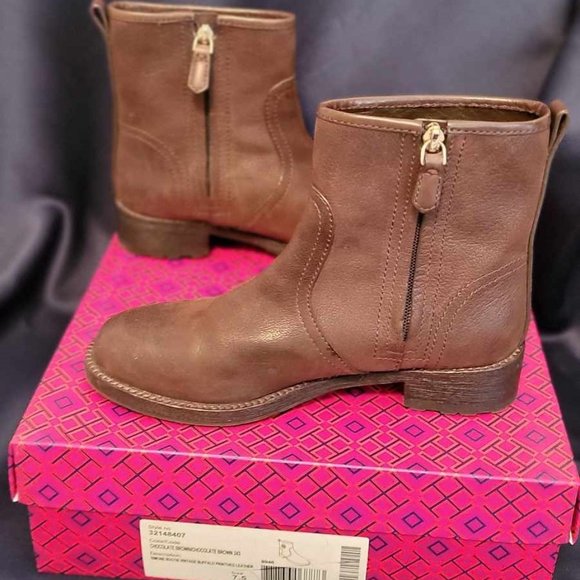 Pre-owned Tory Burch Simone Brown Distressed Leather Bootie Shoes Size 7.5 - Picture 2 of 4